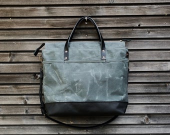 Gray waxed canvas tote bag / office bag with luggage handle attachment leather handles and shoulder strap
