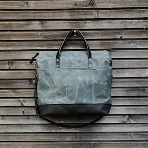 Gray waxed canvas tote bag / office bag with luggage handle attachment leather handles and shoulder strap