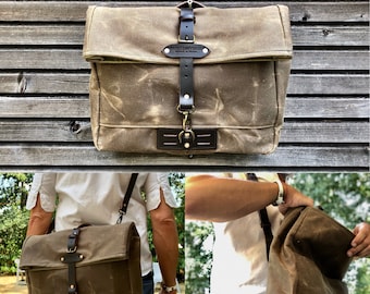 Messenger mit gefaltetem Top aus gewachstem Canvas / Mussette / Satchel mit verstellbarer Schulterriemen UNISEX