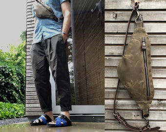 Fanny pack in waxed canvas / sling bag / chest bag / day bag/  with leather shoulder strap