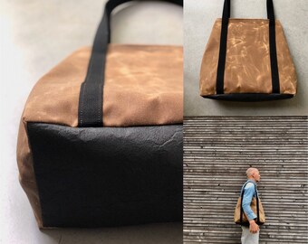 Large vegan tote bag in spice waxed canvas with bottom in Piñatex™  office tote  bucket tote bag COLLECTION UNISEX