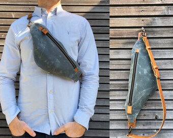 Fanny pack in waxed canvas / sling bag / chest bag / day bag/  with leather shoulder strap