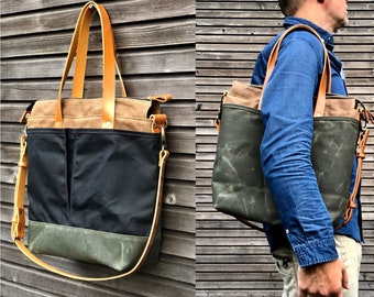 Waxed canvas tote bag / office bag with leather handles and shoulder strap