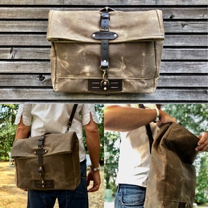 Messenger with folded top in waxed canvas / Musette / Satchel with adjustable shoulderstrap UNISEX