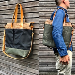 Waxed canvas tote bag / office bag with leather handles and shoulder strap