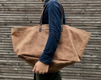 XXL waxed canvas tote bag  with  leather handles / canvas market bag / carry all  bag COLLECTION UNISEX