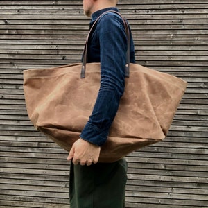 XXL gewachste Canvas Tasche mit Lederhenkeln / Canvas Markttasche / Einkaufstasche KOLLEKTION UNISEX