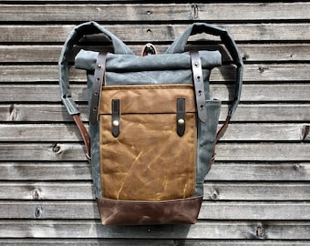 Grey waxed canvas leather Backpack medium size / Commuter backpack /  Hipster Backpack with roll top and leather bottom