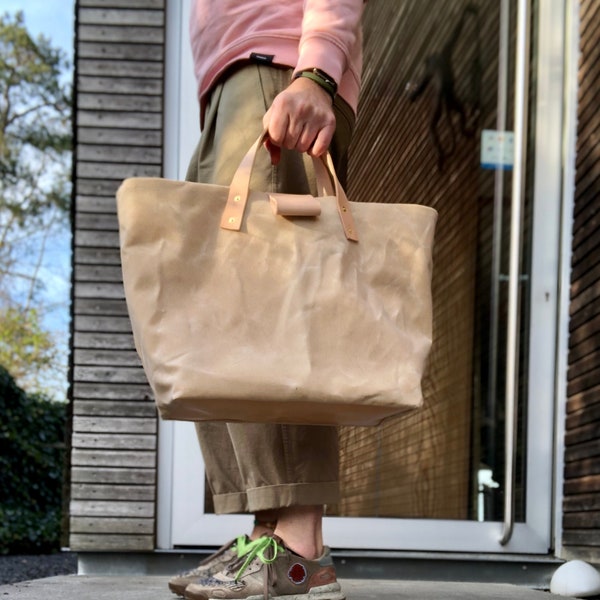 Waxed canvas tote bag - carry all with leather handles and bottom COLLECTION UNISEX