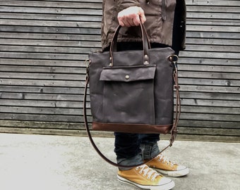 Briefcase in waxed filter twill with outside pocket  - Satchel in waxed canvas with shoulder strap and luggage handle attachment