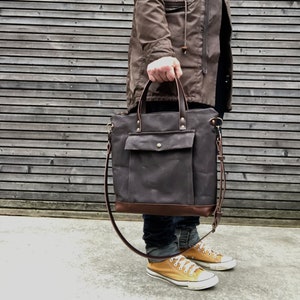 Briefcase in waxed filter twill with outside pocket  - Satchel in waxed canvas with shoulder strap and luggage handle attachment