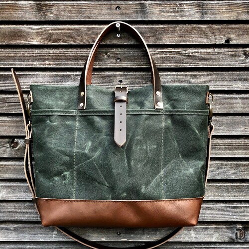 Waxed Canvas Tote Bag With Leather Handles and Zipper Closure - Etsy