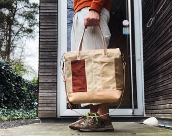 Diaper bag / Large tote bag in waxed canvas and  leather with cross body strap COLLECTION UNISEX