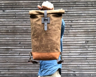 Small waxed canvas backpack  / Hipster Backpack with rolled top and leather shoulder straps