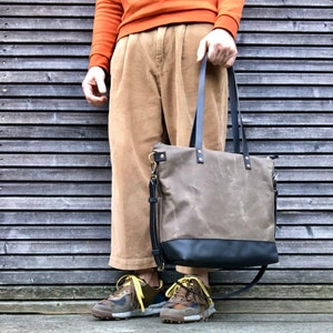 Waxed canvas leather tote bag - carry all with leather handles and leather bottom