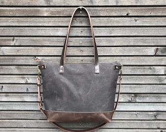 Canvas leather tote bag - carry all - diaper bag with  leather handles and leather bottom