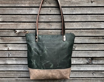 Waxed canvas tote bag  with leather handles and zipper closure