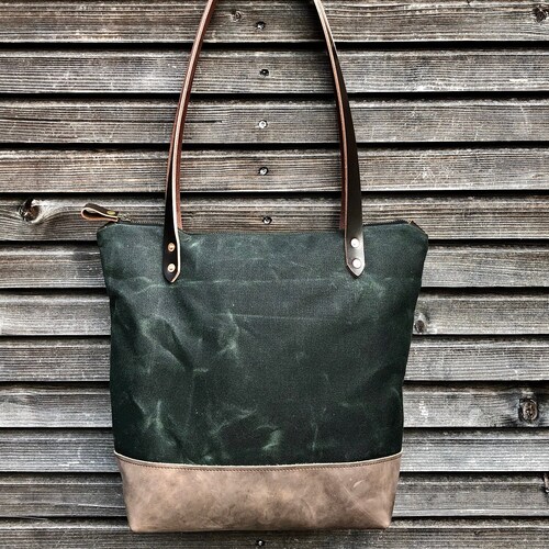 Waxed Canvas Tote With Leather Handles and Detachable Leather Etsy