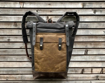 Commuter backpack  waxed canvas leather in medium size  / Hipster Backpack with roll  top and leather bottom