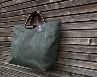 Waxed canvas tote bag - carry all with leather handles and bottom COLLECTION UNISEX