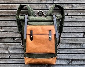 Waxed canvas rucksack/backpack with roll up top and oiled leather bottem COLLECTION UNISEX