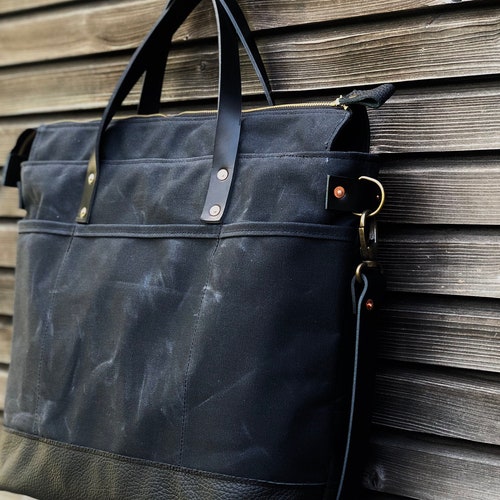 Waxed Canvas Tote Bag / Office Bag With Leather Bottom Handles - Etsy