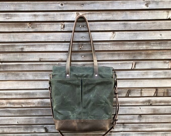 Waxed canvas tote bag / office bag with leather bottom handles and shoulder strap