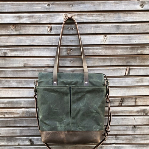 Waxed Canvas Tote Bag / Office Bag With Leather Bottom Handles Etsy