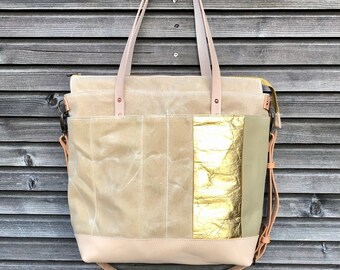 Diaper bag / Large tote bag in waxed canvas and  leather with cross body strap COLLECTION UNISEX