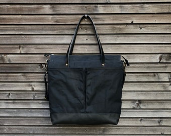 Black large tote bag , Diaper bag , weekend bag in waxed canvas  with leather handles and bottom COLLECTION UNISEX