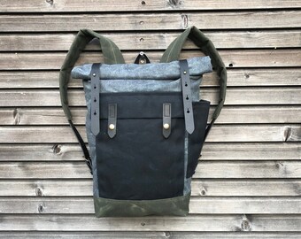 Backpack in waxed denim  leather Backpack medium size / Commuter backpack /  Backpack with roll top and bottle pocket