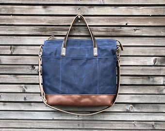 Navy blue office tote with luggage handle attachment