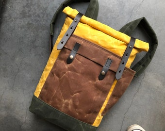 Yellow waxed canvas leather Backpack medium size / Commuter backpack /  Hipster Backpack with roll top