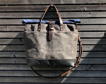 Waxed canvas roll top tote bag / office bag with luggage handle attachment leather handles and shoulder strap