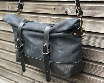Black waxed canvas and leather satchel / messenger bag / canvas day bag