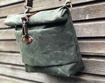 Satchel in waxed canvas with leather cross body strap