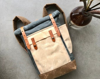 Gray waxed canvas leather Backpack medium size / travel backpack /  Hipster Backpack with roll top and bottle pocket