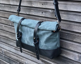 Grey waxed canvas and leather satchel / messenger bag / canvas day bag