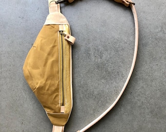 Waxed Canvas Fanny Pack: Leather Strap Sling Bag