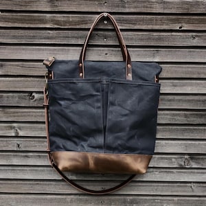 Tote bag in black waxed canvas / tote bag with leather bottom handles and cross body strap