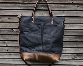 Black Waxed Canvas Tote Bag: Leather Bottom & Crossbody Strap