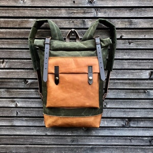 Waxed canvas rucksack/backpack with roll up top and oiled leather bottem COLLECTION UNISEX