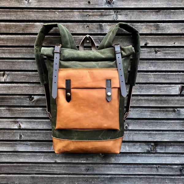 Waxed canvas rucksack/backpack with roll up top and oiled leather bottem COLLECTION UNISEX