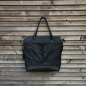 Black large tote bag , Diaper bag , weekend bag in waxed canvas with leather handles and bottom COLLECTION UNISEX image 1