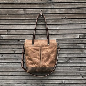 Waxed canvas tote bag / carryall bag with leather bottom handles and cross body strap