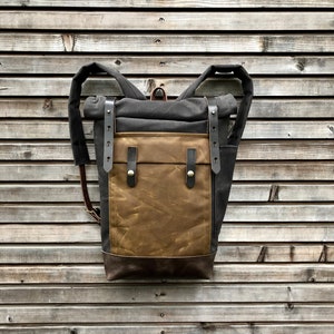 Commuter backpack  waxed canvas leather in medium size  / Hipster Backpack with roll  top and leather bottom