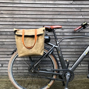 Bike pannier / diaper bag convertible into bicycle bag in waxed canvas with zipper closure and cross body strap image 1