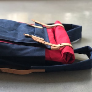 Red Waxed Canvas Roll Top Backpack: Medium Leather Rucksack