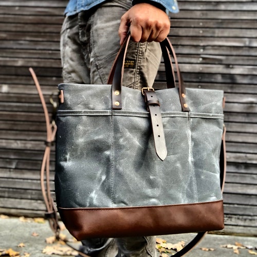 Waxed Canvas Tote Bag With Leather Handles and Shoulder Strap - Etsy