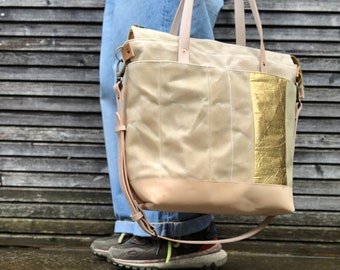 Diaper bag / Large tote bag in waxed canvas and  leather with cross body strap COLLECTION UNISEX